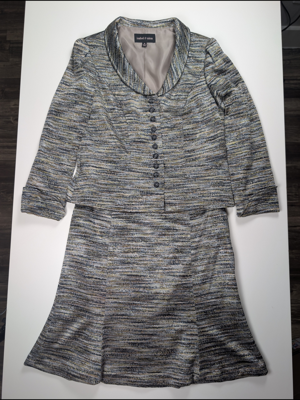 Isabel & Nina Womens Tweed Skirt Suit Set Metallic Gold Gray Size 10 EUC